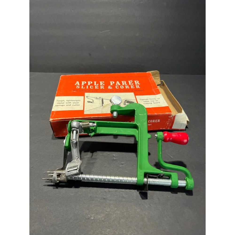 Vintage Apple Parer Slicer Corer Green Metal Hand Crank Peeler with Box